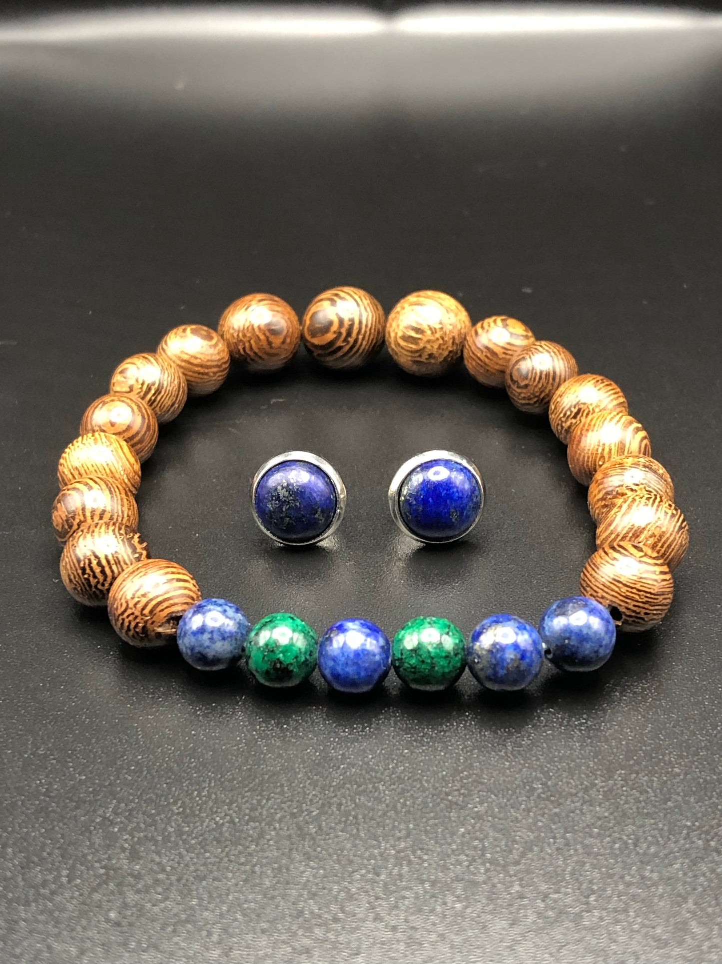 Phoenix Lapis Lazuli x Wood bracelet and Earring set-Bracelet set-DopeAlchemy-DopeAlchemy.com