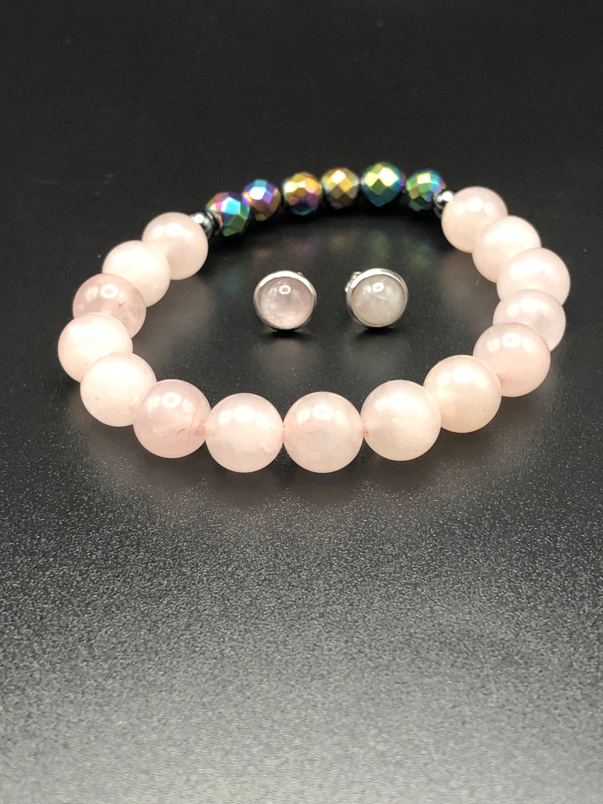 Rose Quartz x Rainbow Hematite bracelet & earring set-Bracelets-DopeAlchemy-DopeAlchemy.com