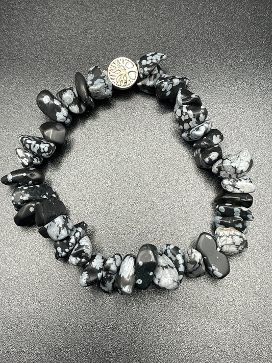 Snowflake Obsidian x Tree of life Chipped stone bracelet