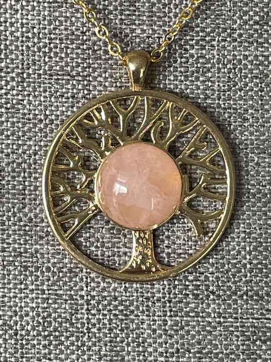 Rose Quartz x Gold x Tree of Life Pendant Necklace