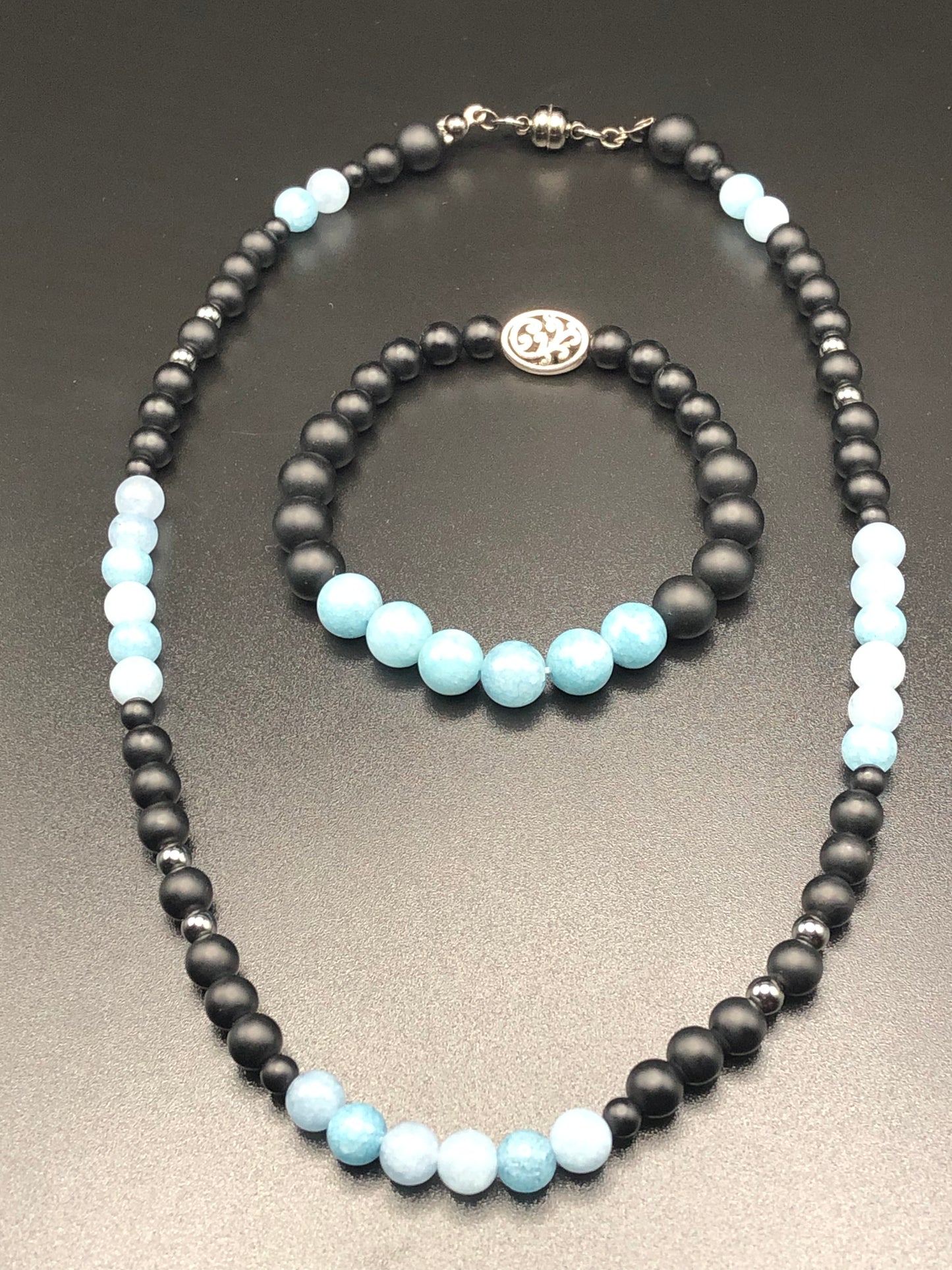 Blue Chalcedony x Onyx Necklace and Bracelet Set