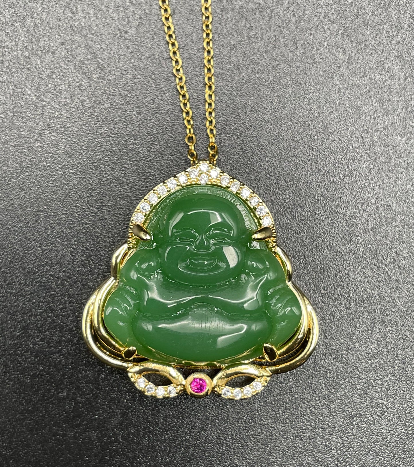 Green Jade x Gold x Laughing Buddha Pendant Necklace