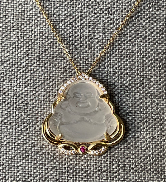 White Jade x Gold x Laughing Buddha Pendant Necklace